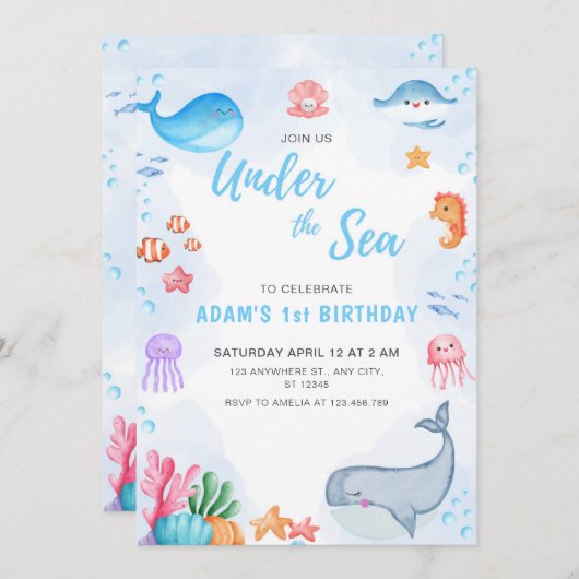 愛らしい海の中の誕生日 招待状 (正面/裏面)