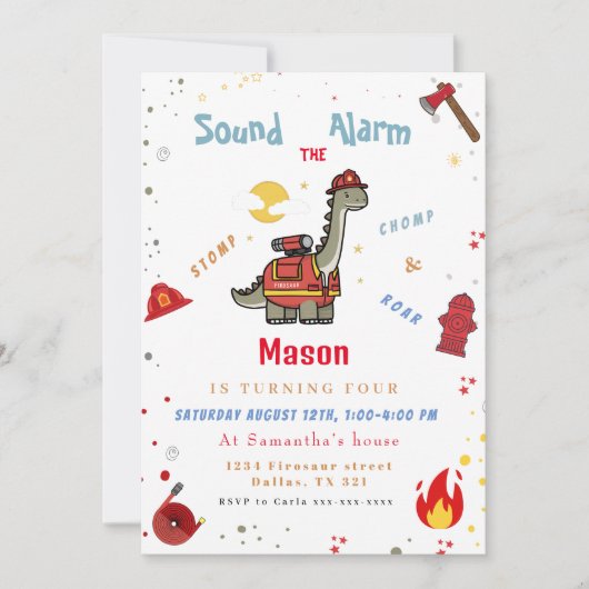 愛らしい消防士ディノの誕生日 招待状 (正面)