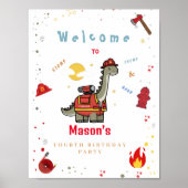 愛らしい消防士ディノ誕生日ウェルカムサイン ポスター (正面)