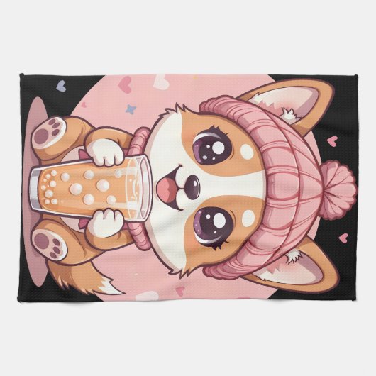 愛らしい漫画のコーギパピー キッチンタオル (横)