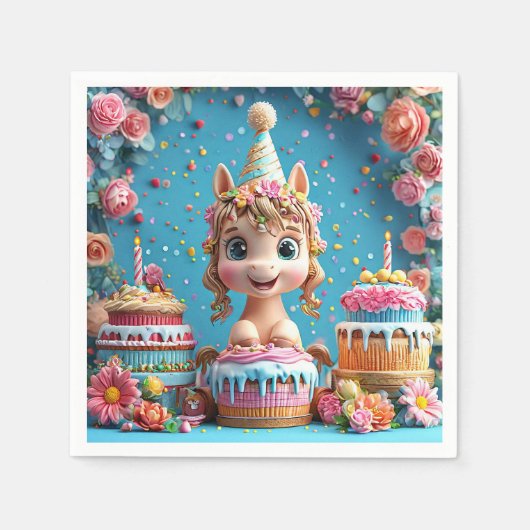 愛らしい漫画のポニー祝ズ誕生日 スタンダードカクテルナプキン (正面)