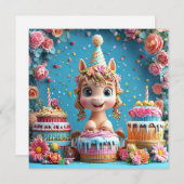 愛らしい漫画のポニー祝ズ誕生日 招待状 (正面/裏面)