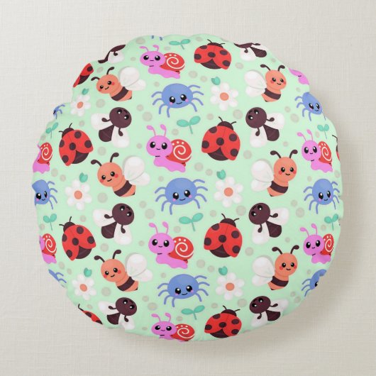愛らしい漫画の昆虫と花 ラウンドクッション (正面)