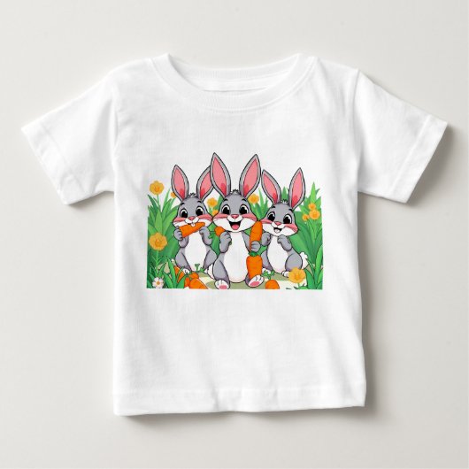愛らしい漫画の食べウサギのニンジンTシャツ ベビーTシャツ (正面)