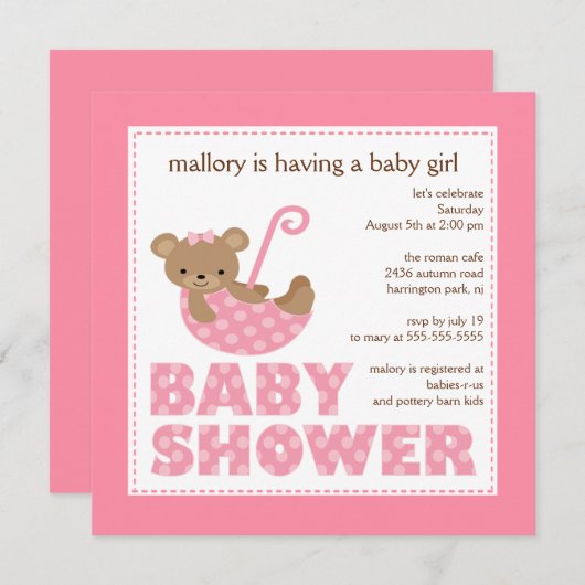 愛らしい熊傘ベビーシャワー招待状 招待状 (正面/裏面)