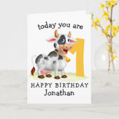 愛らしい牛と一緒の誕生日 カード (黄色い花)