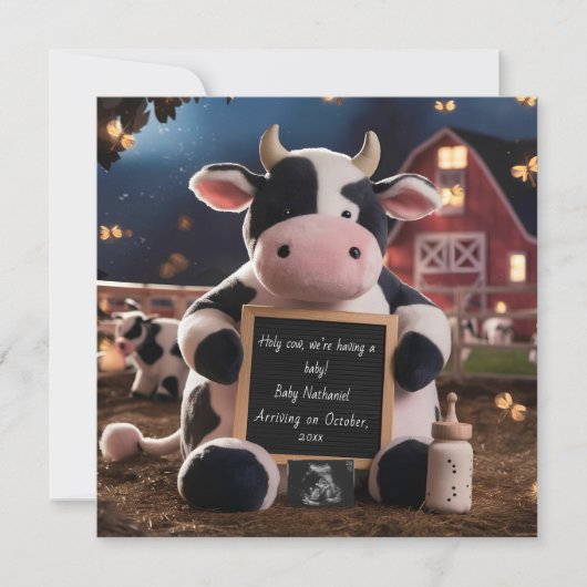 愛らしい牛の農場をテーマにした妊娠の発表 招待状 (正面)