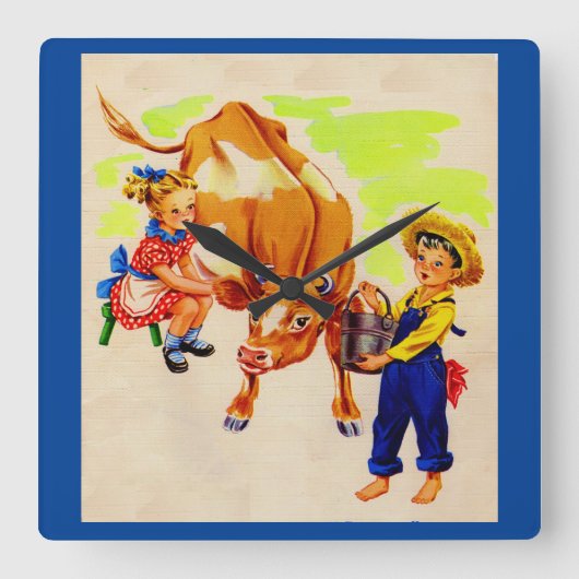 愛らしい牛を持つ愛らしい子どもたち スクエア壁時計 (正面)