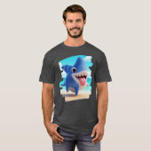 愛らしい犬と奇妙なサメの合体3Dデザイン レトロ Tシャツ (正面フル)