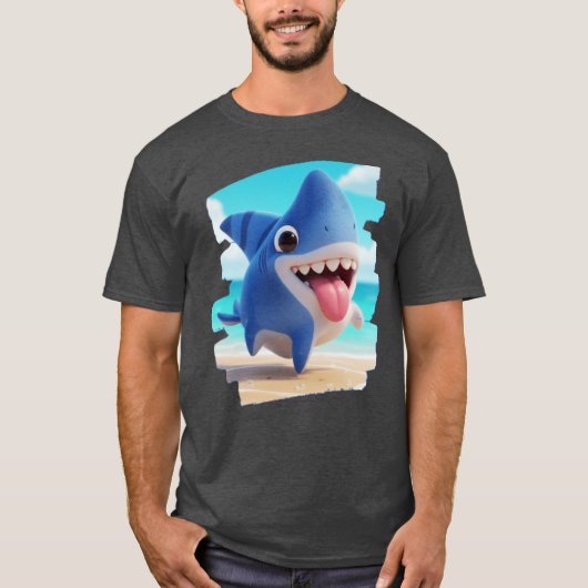 愛らしい犬と奇妙なサメの合体3Dデザイン レトロ Tシャツ (正面)