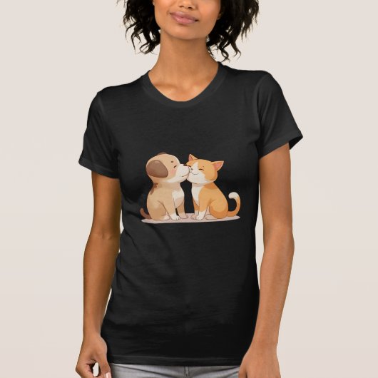 愛らしい犬と猫のキャラクター ペット ポートレート Tシャツ (正面)