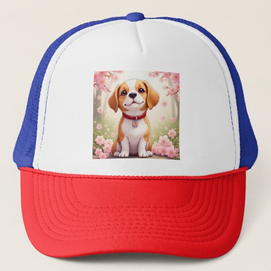 愛らしい犬と花のトラック帽 キャップ (正面)