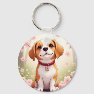 愛らしい犬と花 キーホルダー