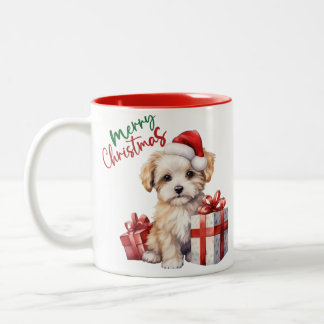 愛らしい犬のクリスマスマグカップ ツートーンマグカップ