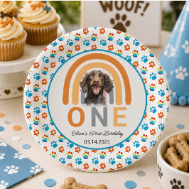 愛らしい犬のレインボー水彩 1歳の誕生日パーティー ペーパープレート
