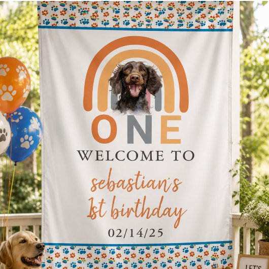 愛らしい犬のレインボー水彩 1歳の誕生日パーティー 横断幕