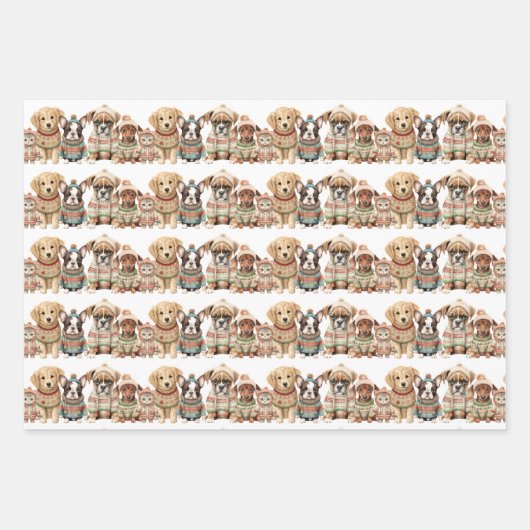 愛らしい犬の猫ペット編みセーターのクリスマス ラッピングペーパーシート (正面)