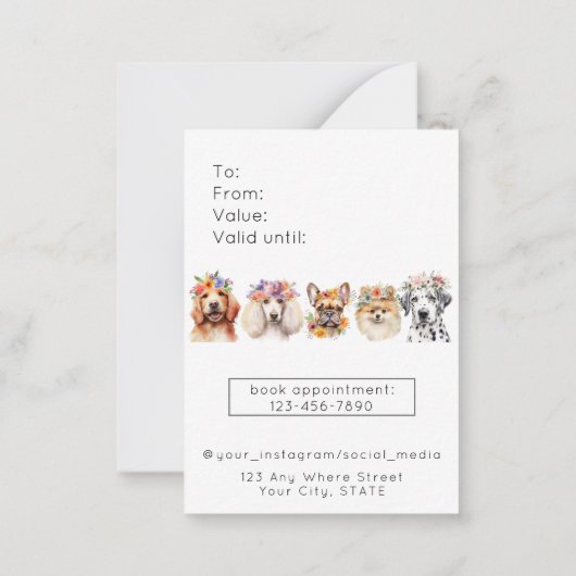 愛らしい犬の花水色グルーミングギフトカード ノートカード (裏面)