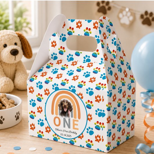 愛らしい犬の虹の水彩 1歳の誕生日パーティー フェイバーボックス