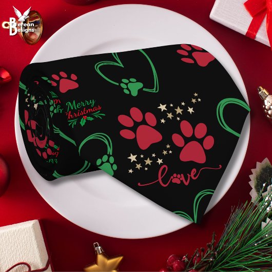 愛らしい犬の足あと+ラブハート クリスマス ネクタイ