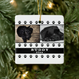 愛らしい犬の足あと 2枚の写真コラージュ クリスマス記念 セラミックオーナメント