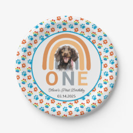 愛らしい犬レインボーウォーターカラー1歳の誕生日パーティー ペーパープレート