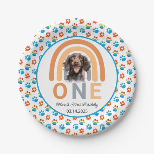愛らしい犬レインボーウォーターカラー1歳の誕生日パーティー ペーパープレート (正面)