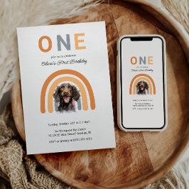 愛らしい犬レインボーウォーターカラー1歳の誕生日パーティー 招待状