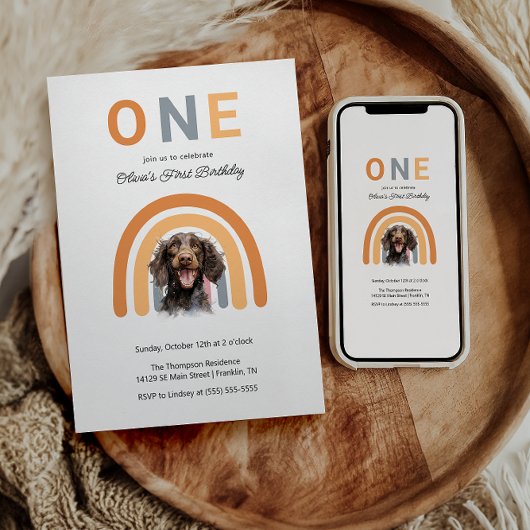 愛らしい犬レインボーウォーターカラー1歳の誕生日パーティー 招待状