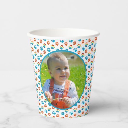 愛らしい犬レインボーウォーターカラー1歳の誕生日パーティー 紙コップ (正面)