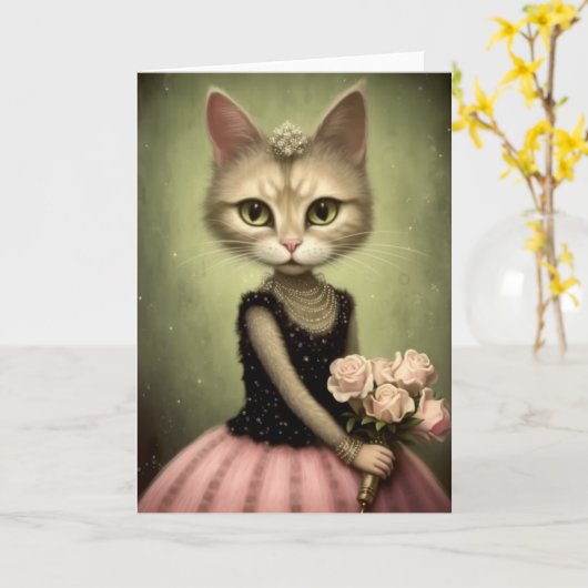 愛らしい猫がピンクのバラを飼っている カード (黄色い花)