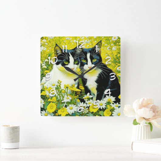 愛らしい猫が野原で座るデイジー スクエア壁時計 (ホーム)