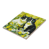 愛らしい猫が野原で座るデイジー タイル (側面)