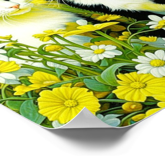 愛らしい猫が野原で座るデイジー ポスター (角)