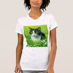 愛らしい猫が野原に座るデイジー Tシャツ