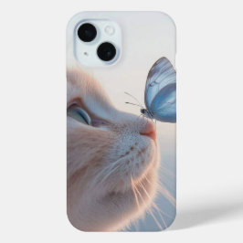 愛らしい猫とブルーバタフライ – かわいい動物好き iPhone 15ケース