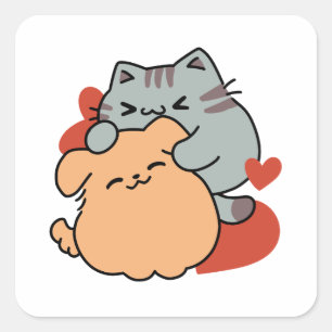 愛らしい猫と犬のハグ – ニャー&ウォフデザイン スクエアシール