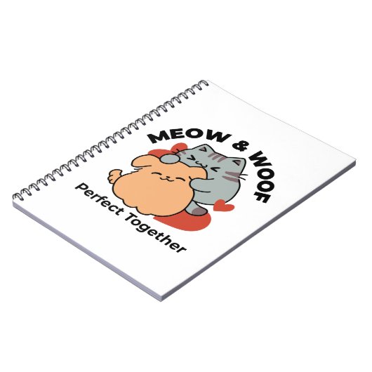 愛らしい猫と犬のハグ – ニャー&ウォフデザイン ノートブック (左側)