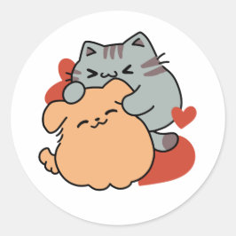 愛らしい猫と犬のハグ – ニャー&ウォフデザイン ラウンドシール
