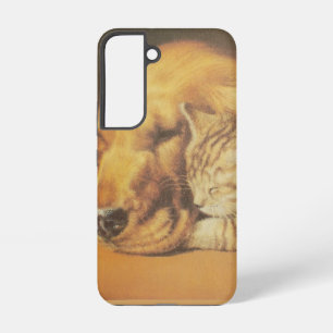 愛らしい猫と犬の寄り添うアートプリント SAMSUNG GALAXY S22ケース
