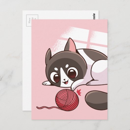 愛らしい猫と糸 ポストカード (正面/裏面)