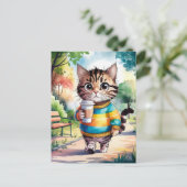 愛らしい猫の歩くとコーヒー ポストカード (スタンド正面)