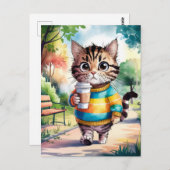 愛らしい猫の歩くとコーヒー ポストカード (正面/裏面)