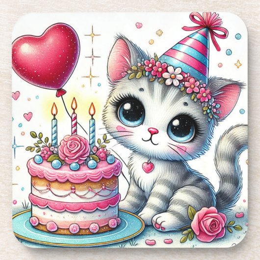 愛らしい猫の誕生日ケーキ祝い コースター (正面)