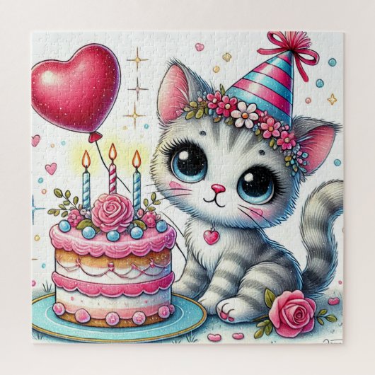愛らしい猫の誕生日ケーキ祝い ジグソーパズル (縦)