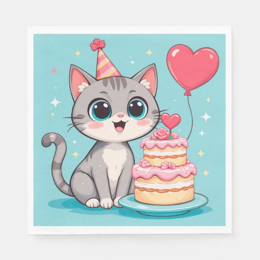 愛らしい猫の誕生日ケーキ祝い スタンダードランチョンナプキン (正面)