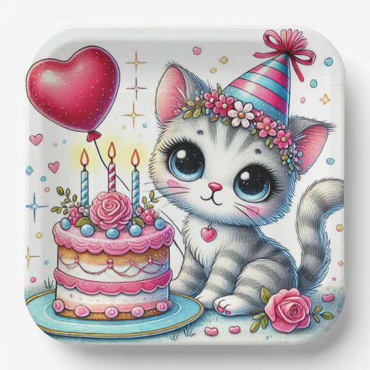愛らしい猫の誕生日ケーキ祝い ペーパープレート (正面)