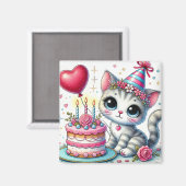 愛らしい猫の誕生日ケーキ祝い マグネット (正面/裏面)