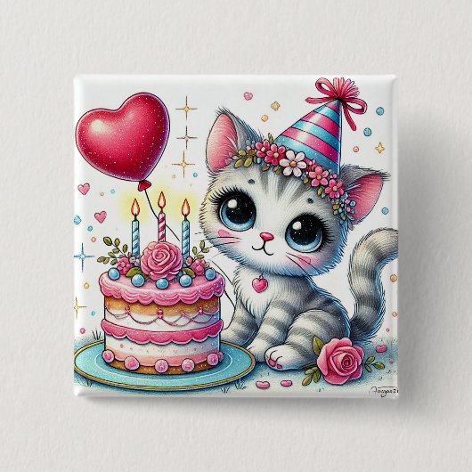 愛らしい猫の誕生日ケーキ祝い 缶バッジ (正面)