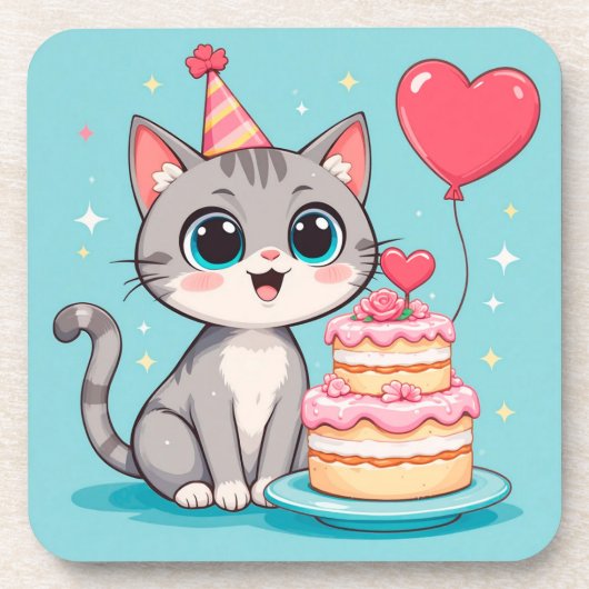 愛らしい猫の誕生日ケーキ コースター (正面)